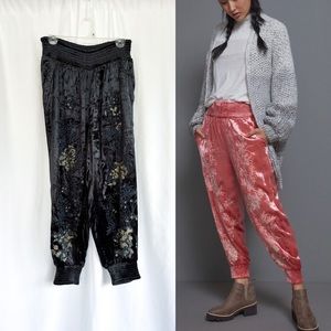 Anthropologie Rosie Embroidered Velvet Joggers